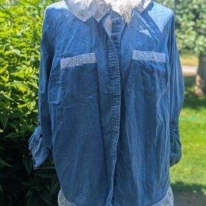 Women's Blue Button Down Shirt with Lace Details